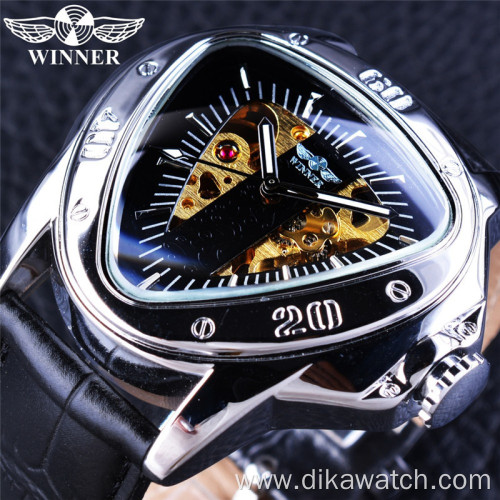 Top Brand Luxury Winner Steampunk Fashion Triangle Golden Skeleton Movement Mysterious Men Automatic Mechanical Wrist Watch